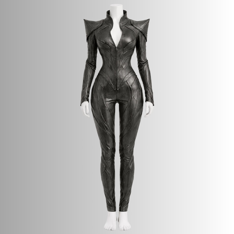 Shadow Empress black leather catsuit front view

Gothic armor bodysuit with structured shoulders