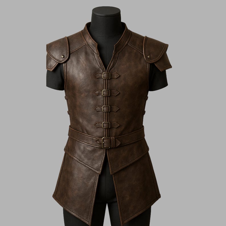 Op de afbeelding: Een bruin leren vest met schouderstukken en meerdere gespen. Het vest heeft een V-hals en een riem om de taille. Het kledingstuk wordt gepresenteerd op een zwarte mannequin.