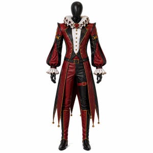 May include: A jester-style costume featuring a red and black long coat with gold star accents, a white ruffled collar with a red heart detail, a white button-down vest, and matching red and black trousers with a belt and attached leg strap.