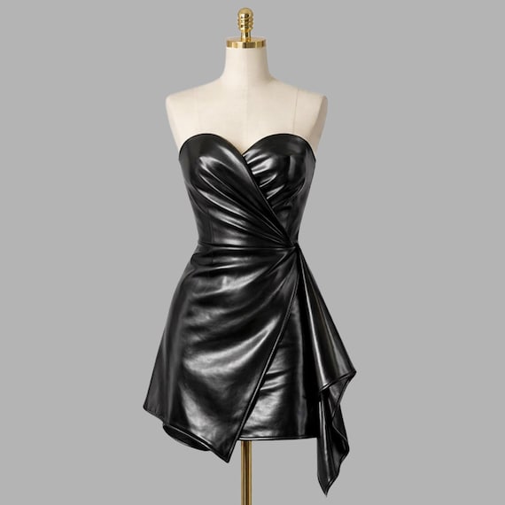 knee length dresses for ladies Vintage 90s Black Leather Strapless Dress Bodycon August Silk / S –  RareJule Vintage