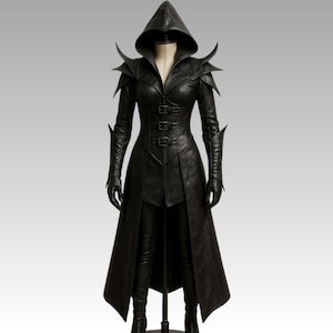Dark Enchantress Leather Costume – Black Hooded Gothic Warrior Outfit – Spiked Shoulder Full Body Halloween Cosplay Armor