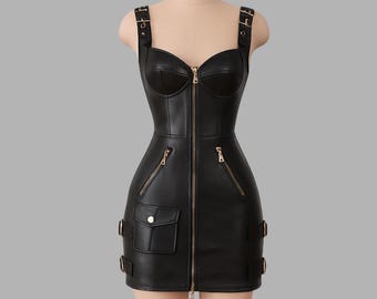 Genuine Leather Zip Front Mini Dress, Black Bodycon Gothic Clubwear with Buckle Straps
