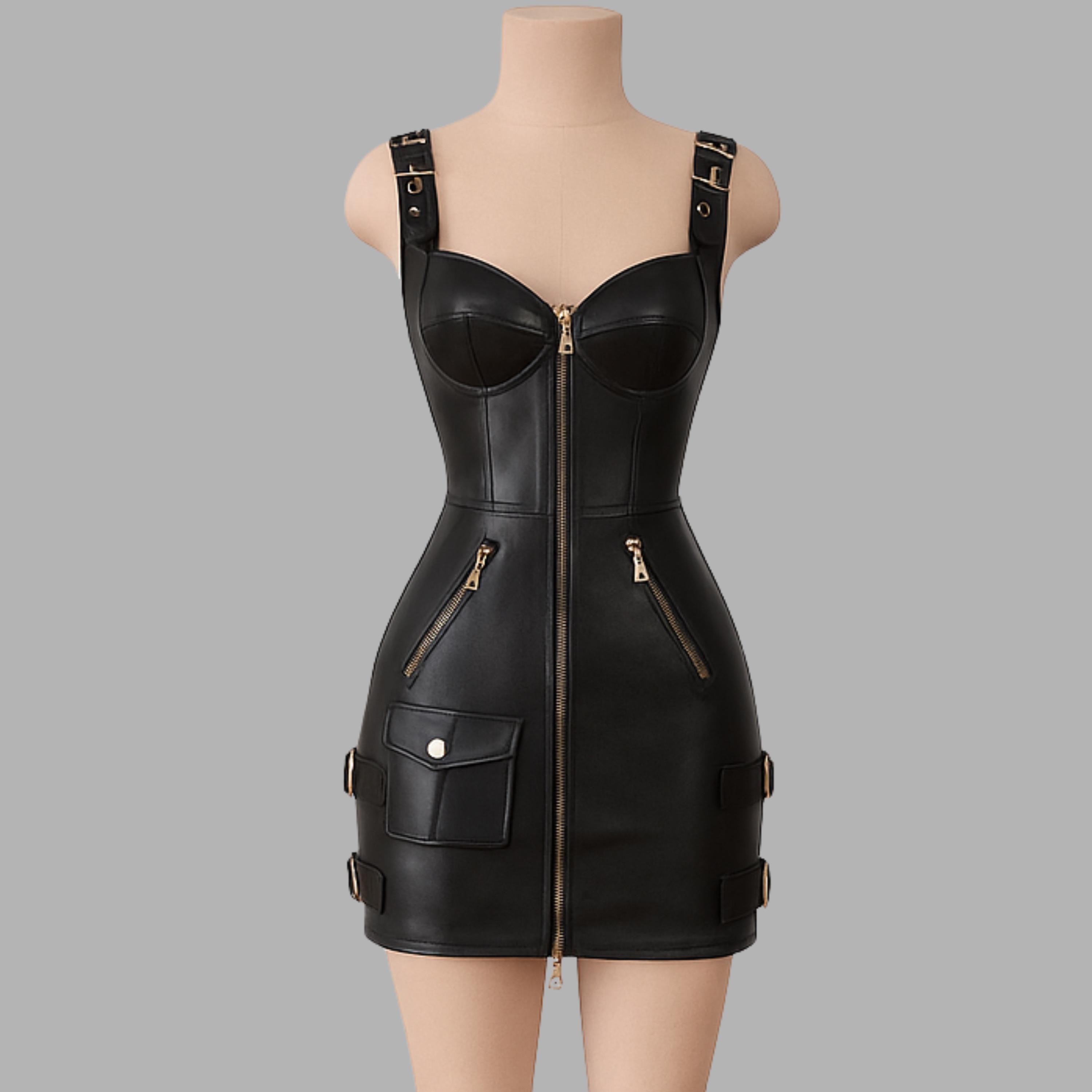 chinese dress ladies Black Leather Zip Front Dress Small / Black