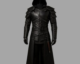 May include: Black leather hooded costume with studded accents. The costume features shoulder pads, a belted waist, and a long coat. The sleeves have studded gauntlets, and the outfit includes gloves. A medieval or fantasy-themed garment.