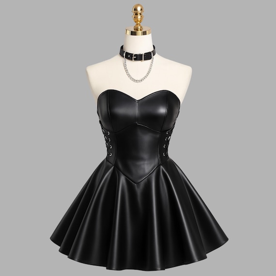 black faux leather skater dress Women's Outfit: Black Leather Skater Dress, Silver Leather Lace-up Ankle  Boots, Black Leather Clutch, Green Sunglasses
