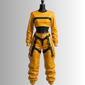 Könnte beinhalten: Ein gelbes Leder-Crop-Top mit einem schwarzen Streifen über der Brust und dazu passende gelbe Leder-Cargohosen mit schwarzen Trägern.