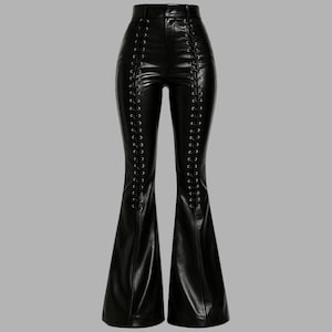 May include: Black faux leather flared pants with a high waist and lace-up detailing down the front of each leg. The pants have a fitted upper portion and widen from the knee down.