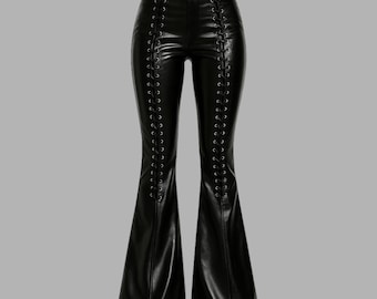 Genuine Leather Flared Pants, High Waisted Bell Bottoms, Street Style