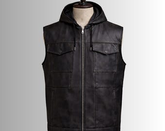 gilet con cappuccio in vera pelle, gilet in pelle alla moda, giacca senza maniche, gilet in pelle per uomo, giubbotto in pelle