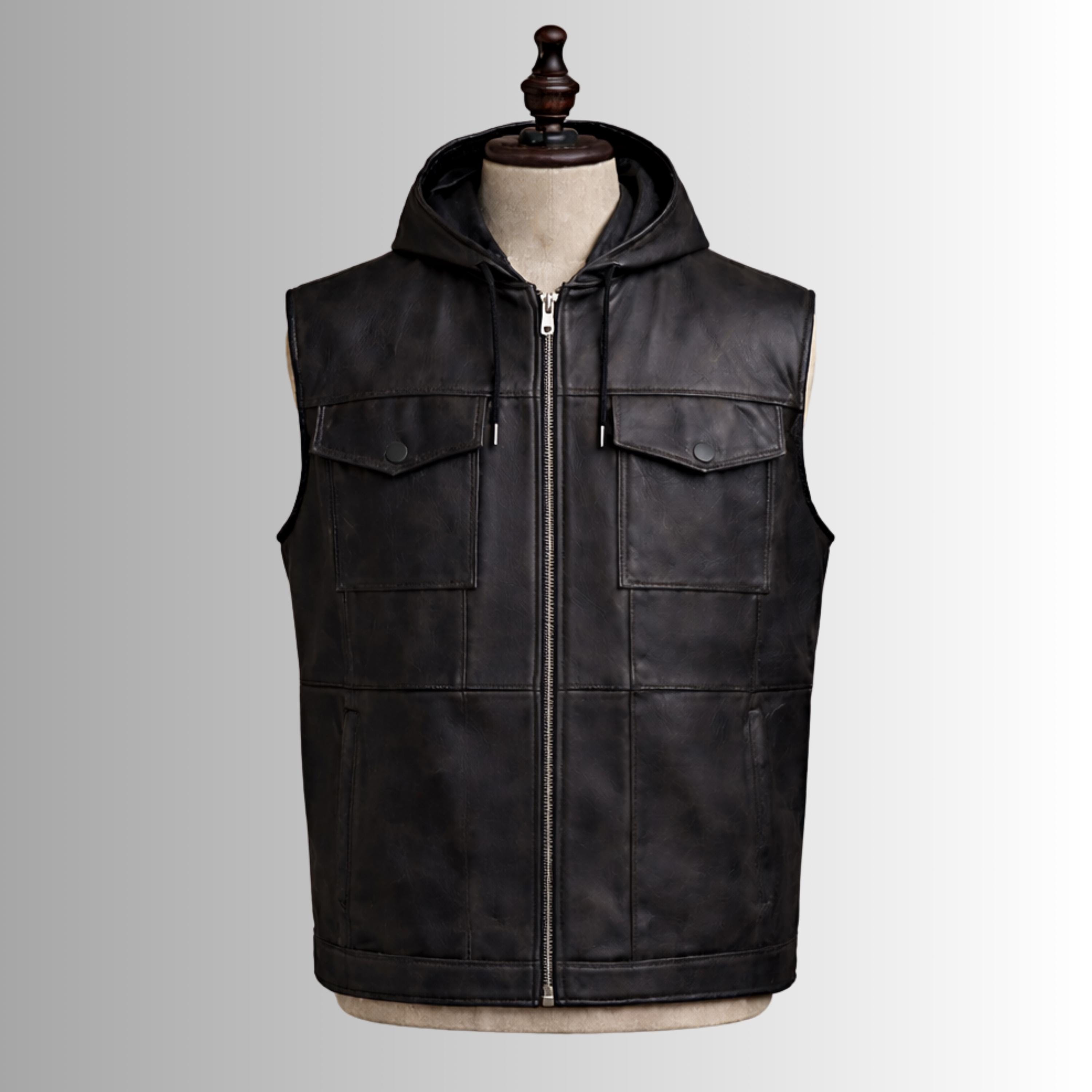 Genuine Leather Hooded Vest, Edgy Leather Vest, Sleeveless Jacket