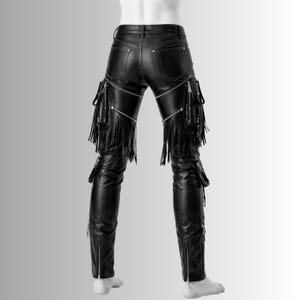 biker style leather fringe pants