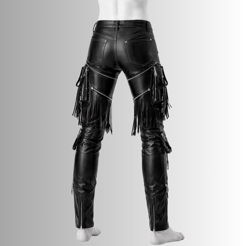 biker style leather fringe pants