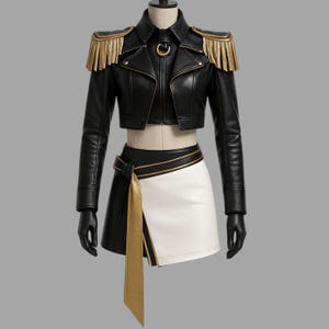 Genuine Leather Demon Hunters Costume | Black Cropped Jacket with Gold Fringe & White Skirt | Gothic Cosplay Festival Renfair Halloween