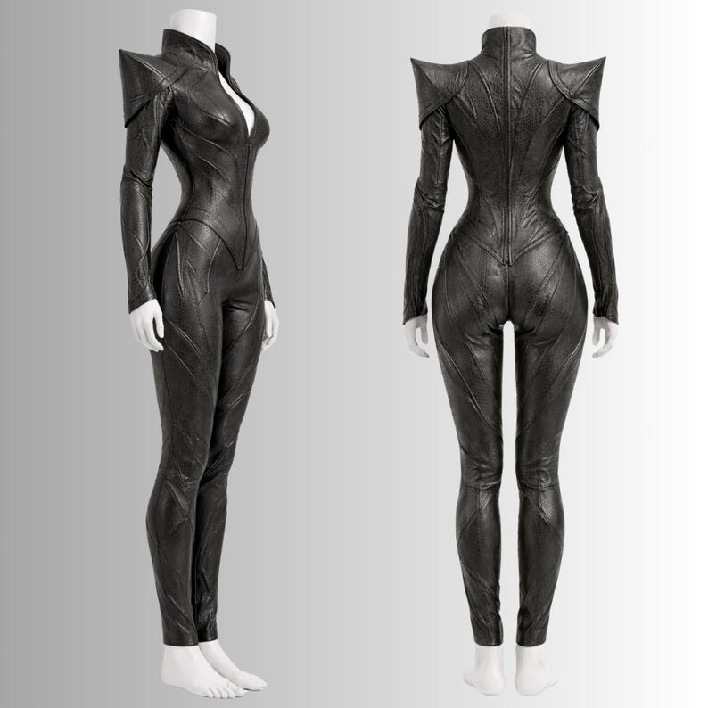 Structured shoulder gothic leather costume

Full length black leather armor suit