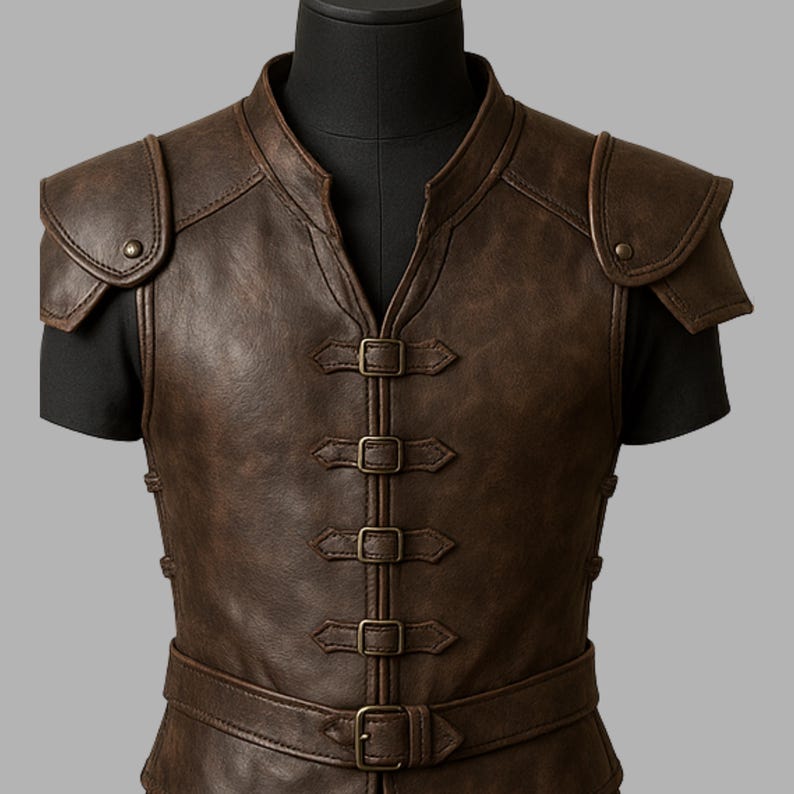 Op de afbeelding: Bruin leren vest met schouderstukken en meerdere gespsluitingen. Het vest heeft een hoge kraag en een riem om de taille. Het vest wordt getoond op een zwarte mannequin.