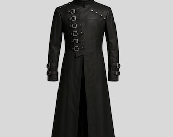 Gothic Leather Trench Coat, Steampunk Vampire Costume, Buckle Detail