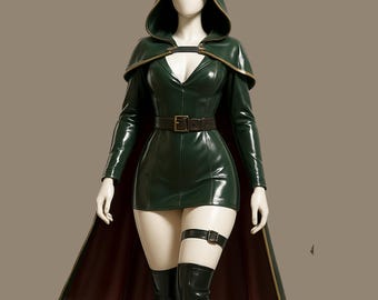 Dark Green Leather Hooded Cloak Dress, Gothic Witch Cosplay Costume
