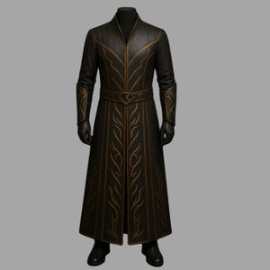Medieval Black Leather Wizard Coat | Handmade Gothic Fantasy LARP Costume with Golden Embroidery | Renaissance Festival Cosplay Outfit