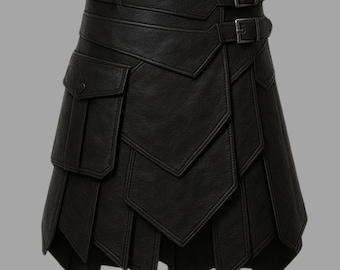 May include: Black leather skirt with a unique layered design. Features two pockets and two buckle closures. The skirt has a geometric, asymmetrical hemline and a structured silhouette.