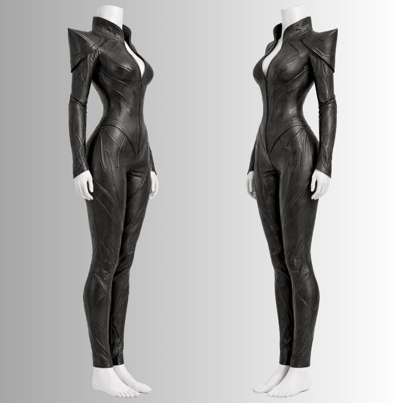 Dark fantasy empress leather catsuit

Supervillain black leather jumpsuit

LARP gothic leather warrior costume