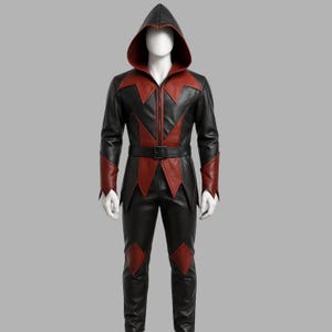 Handmade Gothic Hooded Leather Costume | Red and Black Vampire Cosplay Outfit | Halloween Demon Warrior Jacket and Pants Set