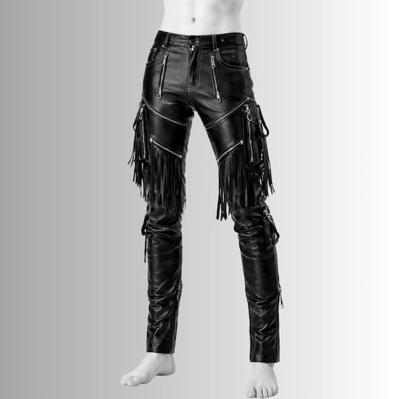 Pure Leather Fringe Pants, Dark Rebel Character Leather Trousers, Dramatic Biker Style Pants