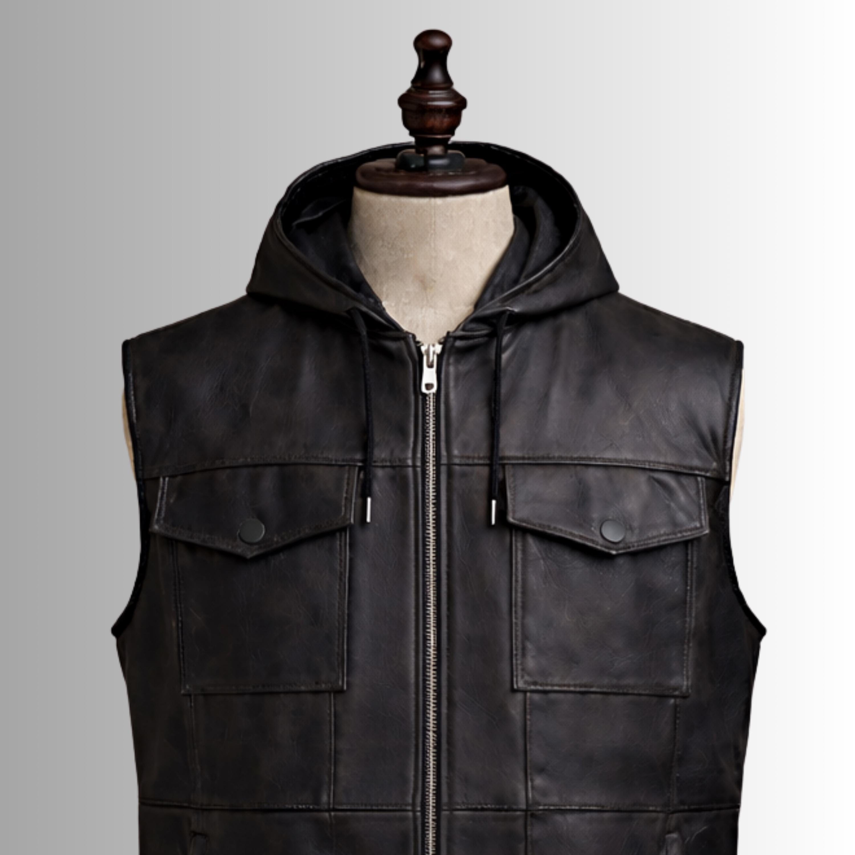 Genuine Leather Hooded Vest, Edgy Leather Vest, Sleeveless Jacket