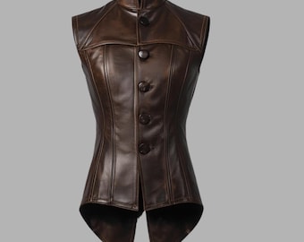 Giubbotto in pelle marrone fatto a mano - Gilet da frac vittoriano steampunk, gilet LARP gotico