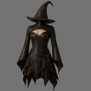 Handmade Witch Leather Halloween Costume – Brown & Black Gothic Corset Dress, Pure Leather Medieval Outfit, LARP and  Cosplay Wear