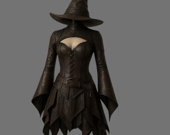 Fantasia de bruxa em couro feita à mão, vestido gótico com espartilho, cosplay para LARP