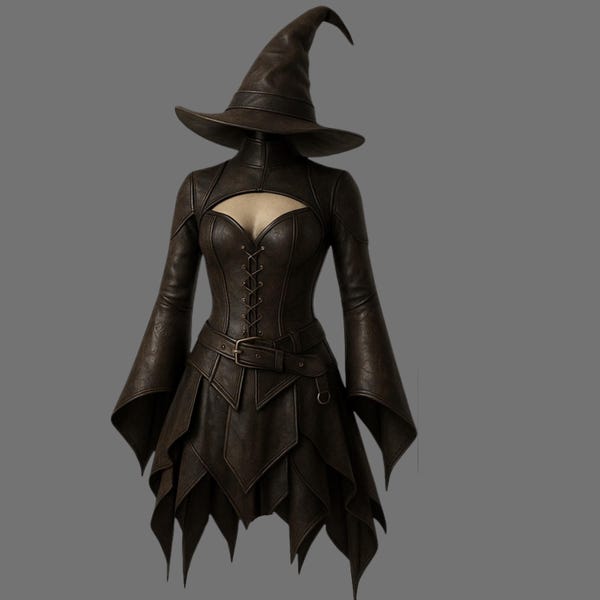 Disfraz de bruja de cuero hecho a mano, vestido corsé gótico, LARP Cosplay