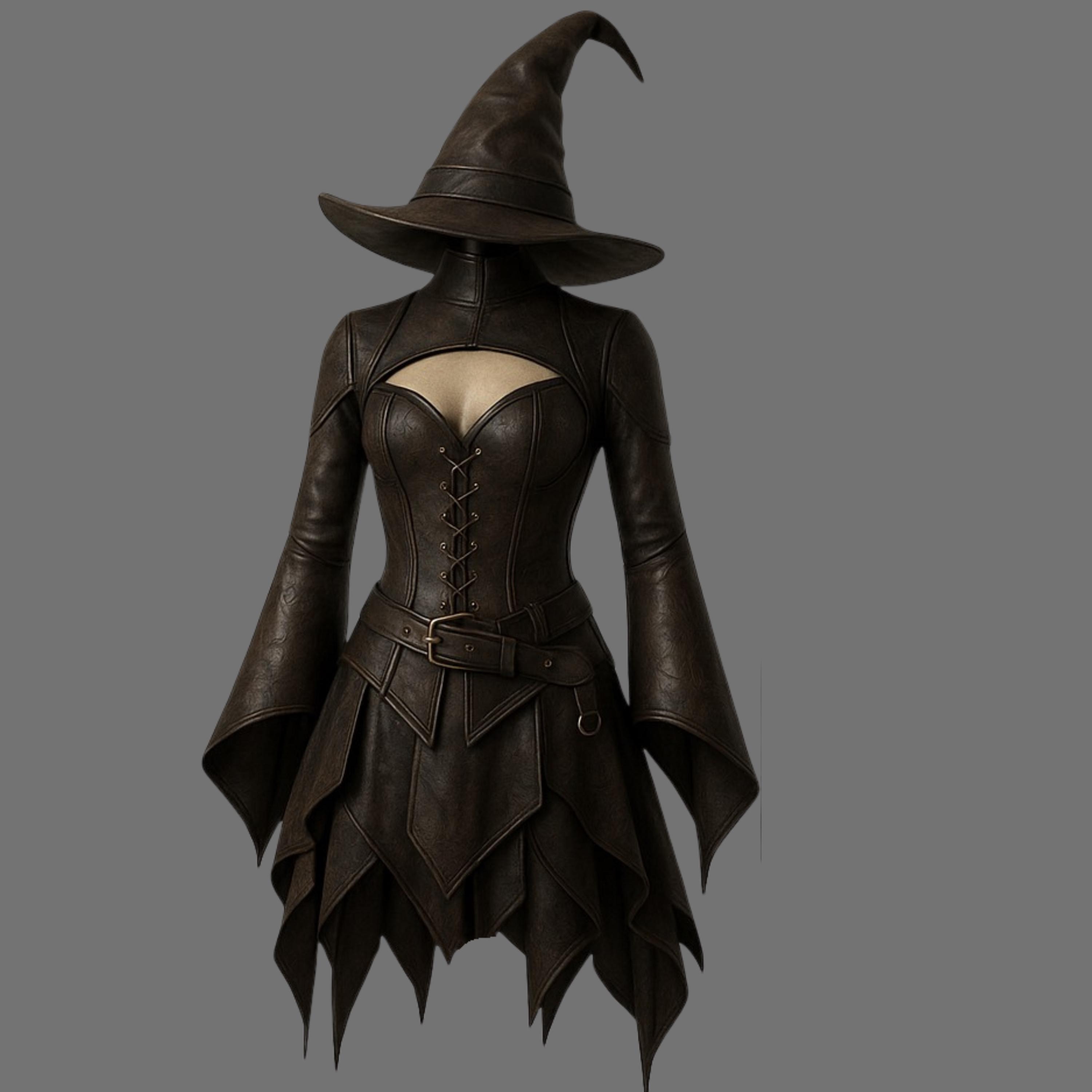 Handmade Leather Witch Costume, Gothic Corset Dress, LARP Cosplay