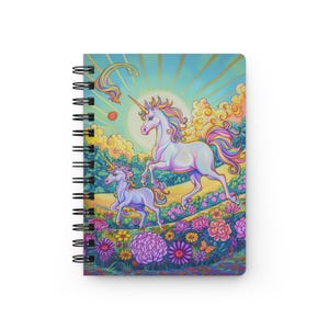Lisa Frank Style Whimsical Unicorns Spiral Bound Journal, 80s Vibes Diary Notebook, Cute Gift for Teen Girls, Rainbow Unicorn Theme