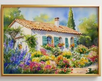 Puede incluir: Pintura a la acuarela de una casa blanca con tejado de terracota, contraventanas verdes y un jardín vibrante lleno de flores coloridas. La obra de arte está enmarcada en un marco dorado, creando una escena pintoresca.
