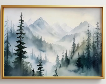 Evergreen Misty Forest Poster Foggy Pine Trees Watercolor Painting Snowy Mountains Art Print Minimalist Wall Art Rolled Fine Art | P229