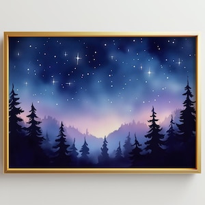 Night Sky Watercolor Painting Appalachian Mountains Landscape Art Print Moon Pine Forest Wall Art Home Decor Rolled Fine Art | P104