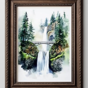 Multnomah Falls Watercolor Painting Waterfall Columbia Gorge Art Print Green Misty Landscape Wall Art Print for Home Decor Fine Art | P92