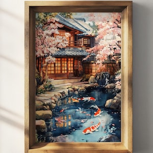 Japanese Garden Watercolor Painting Koi Fish Pond Art Print Floral Wall Decor Garden Landscape Artwork Rolled Fine Art | P352