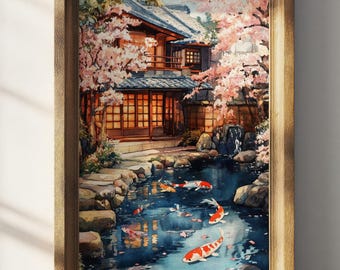 Japanese Garden Watercolor Painting Koi Fish Pond Art Print Floral Wall Decor Garden Landscape Artwork Rolled Fine Art | P352