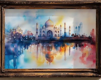 4 インドの風景画、タージ・マハルの絵画、水彩画、インドの