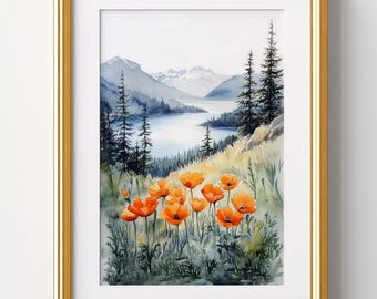 Pintura de acuarela de Columbia Gorge, amapolas anaranjadas, impresión artística, flores silvestres, paisaje, arte mural, bosque de pinos, bellas artes enrolladas / P268