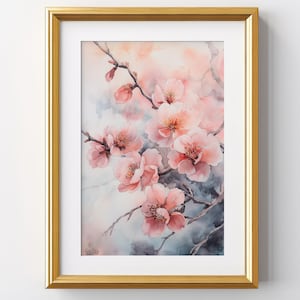 Pintura de acuarela de flores rosas, impresión artística de flores silvestres, paisaje de flores de durazno, arte de pared para decoración del hogar, rollo de arte fino / P408