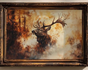 Deer Painting Autumn Forest Wall Art Fall Landscape Pine Trees Stag Watercolor Art Print Rustic Home Decor Rolled Fine Art | P22