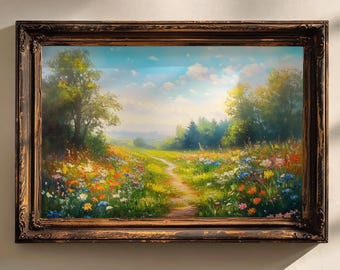 Flower Landscape Oil Painting Green Wildflower Meadow Art Print Endless Field Wall Art Print Pine Forest Fine Art Print Wall Decor | P1
