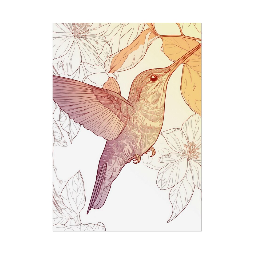 Hummingbird Painting Art Print Bird Wall Art Surrounded by Flowers ...