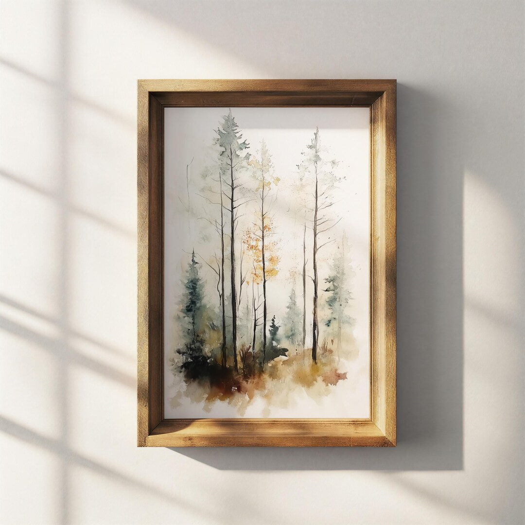Tall Forest Trees Watercolor Painting Autumn Pine Tree Art Print Misty ...
