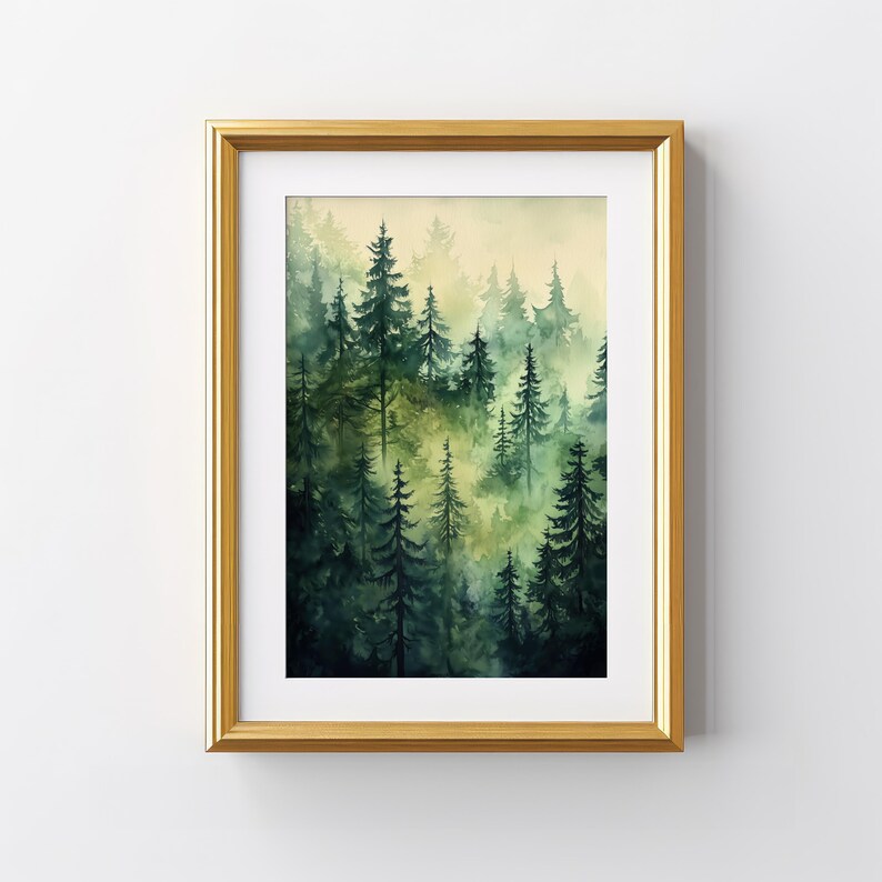 Evergreen Forest Poster Green Pine Trees Watercolor Painting Misty ...
