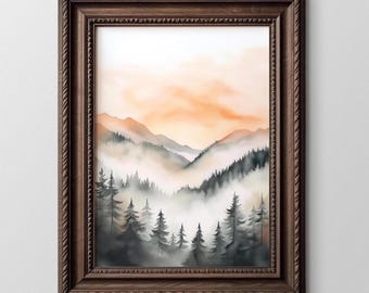May include: A framed watercolor print of a mountain landscape. The artwork features layers of mountains in shades of gray and green, with a misty valley and a warm orange sky. The frame is a dark brown color with a detailed, textured design.