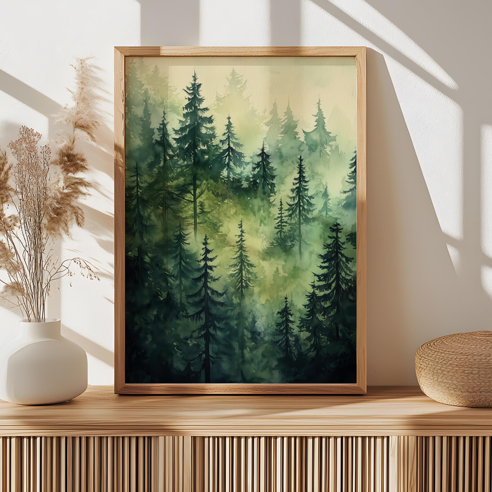 Evergreen Forest Poster Green Pine Trees Watercolor Painting Misty ...