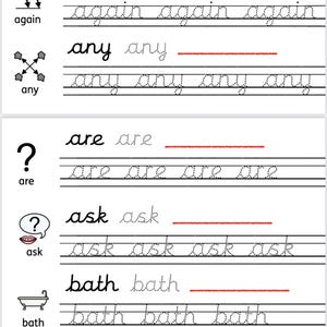 Puede incluir: Una hoja de trabajo para aprender palabras de excepción comunes, con palabras como "después", "otra vez" y "cualquier". Cada palabra se presenta con una línea punteada para trazar y espacio para escribir.